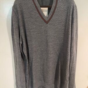 Gucci Gray V-Neck Sweater with Red Trim